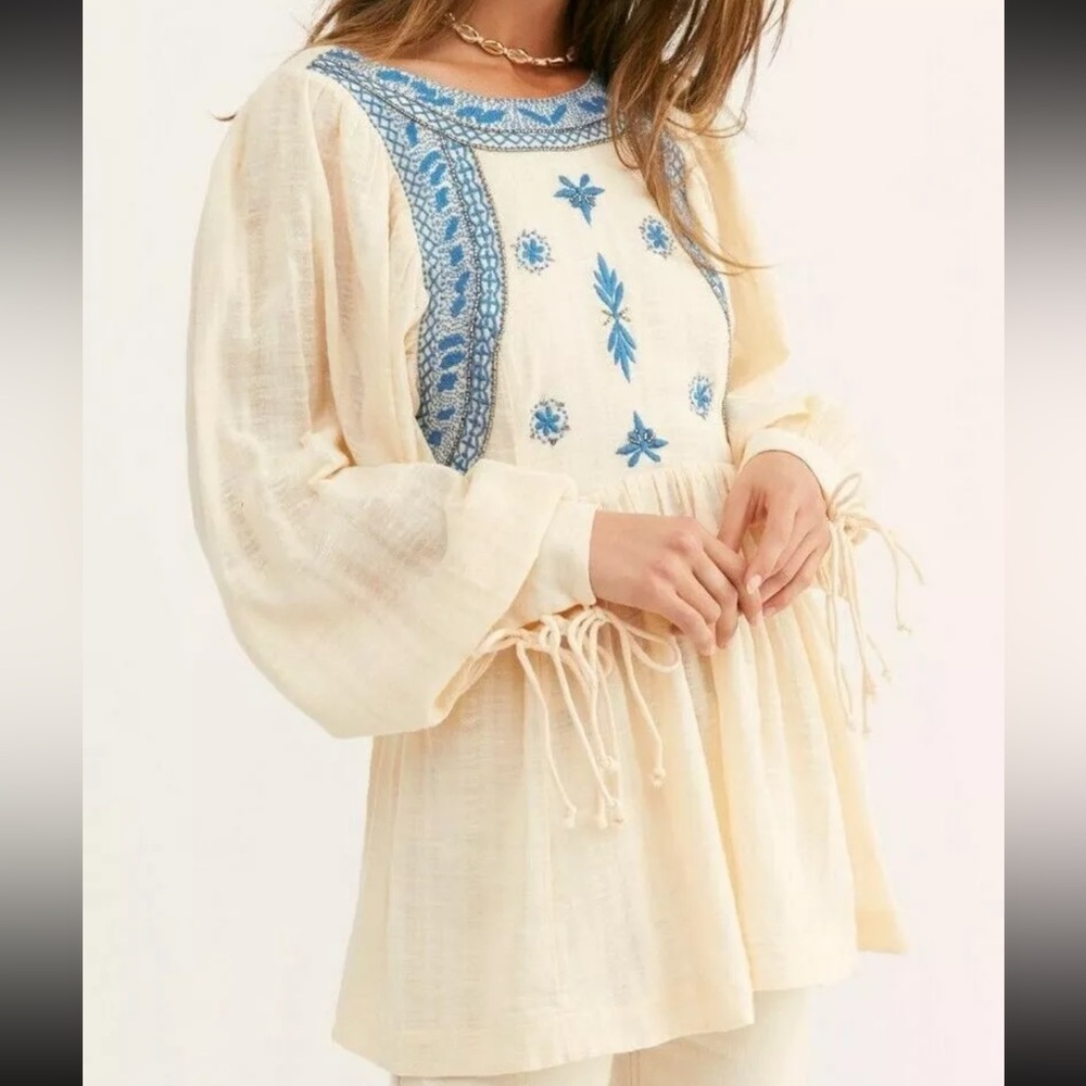 Free People Cream Blue Long Sleeve Tunic Blouse